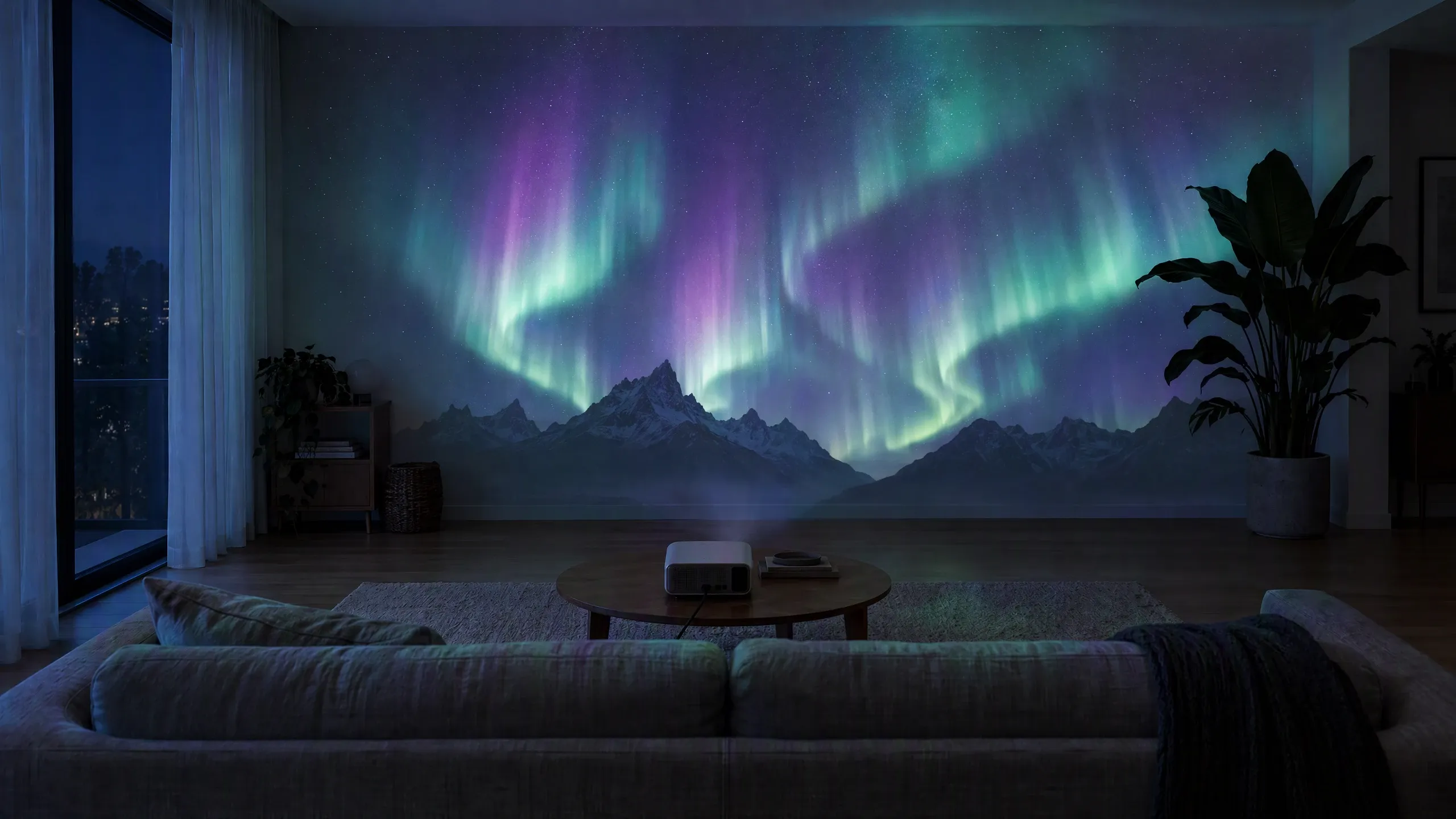 A living-room wall lit with an aurora scene