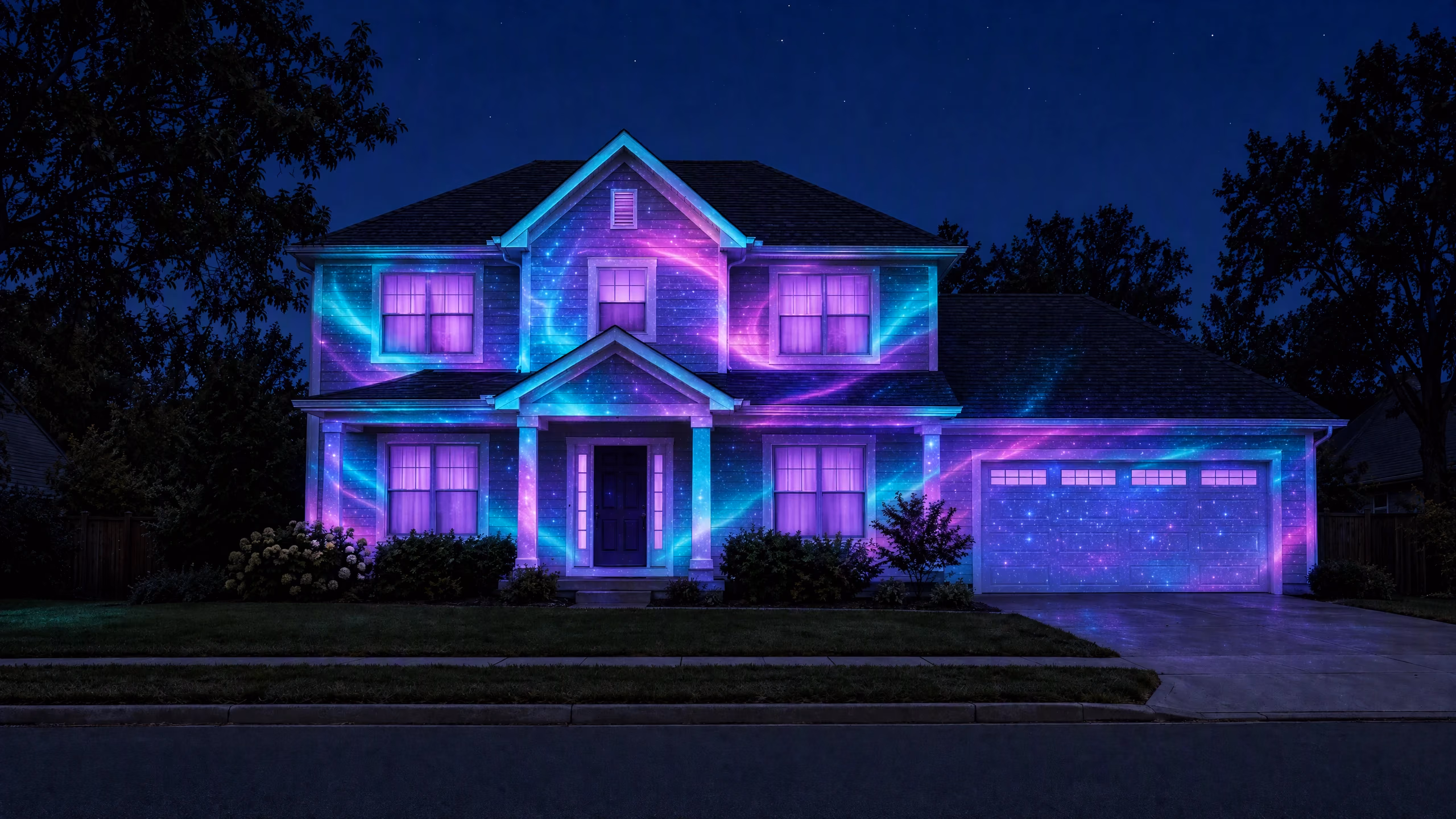 The same house lit with Glowcast's Aurora Drift projection show