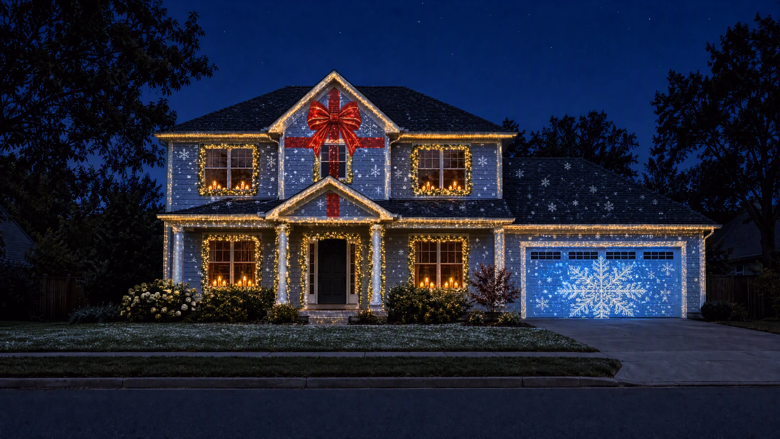 The same house lit with Glowcast's Winter Wonderland projection show