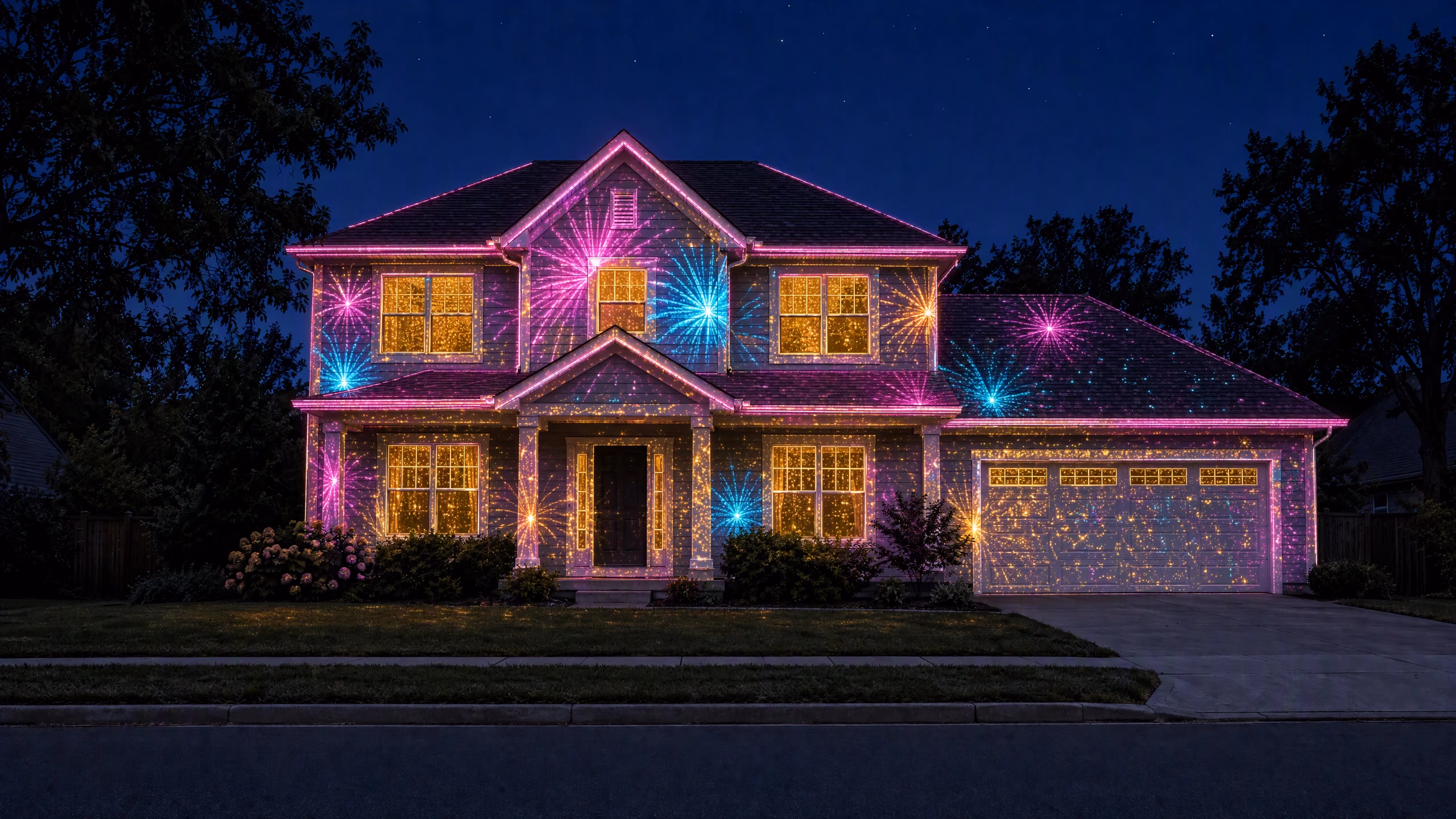 The same house lit with Glowcast's Midnight Fireworks projection show